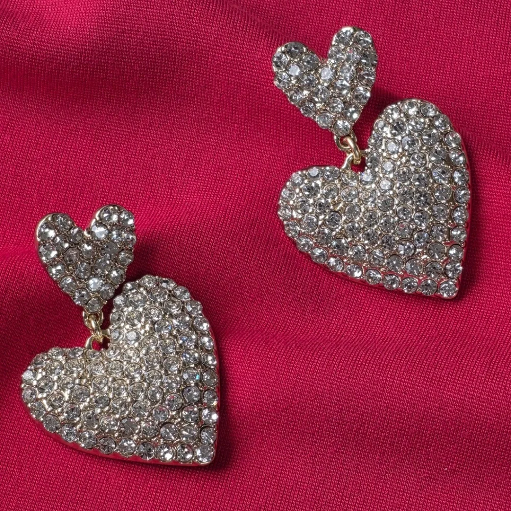 J.Crew Crystal Heart Drop Earrings Gold Tone Rhinestone Hypoallergenic NEW - Picture 6 of 9